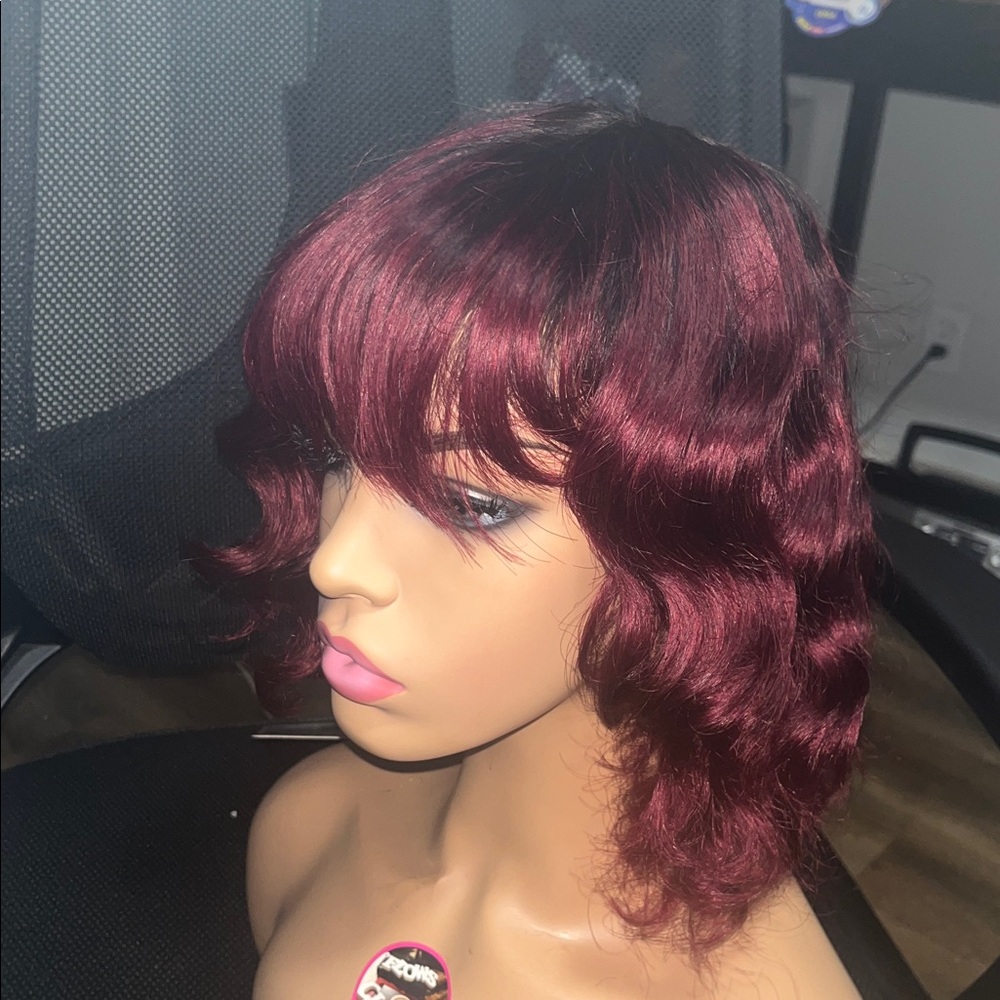 Chic Burgundy Wig with Waves and Bangs